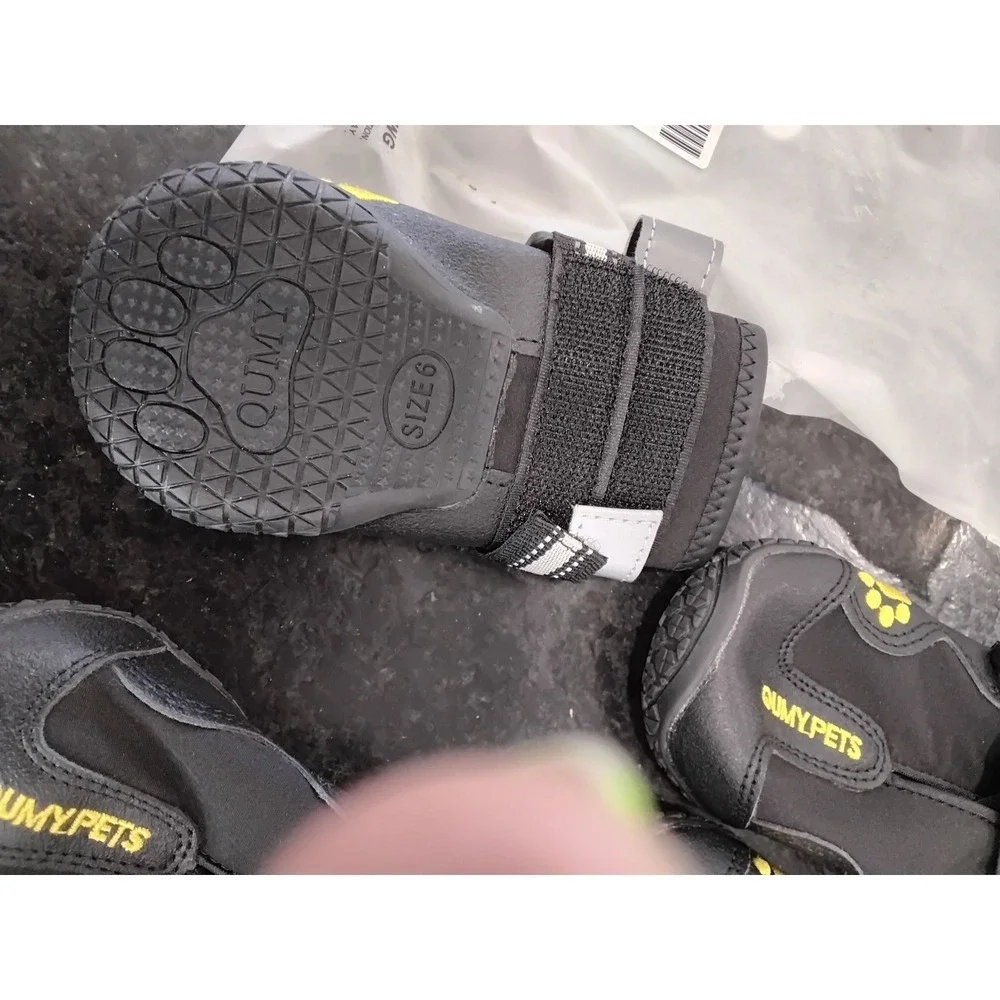 QUMY Dog Boots Waterproof Shoes for Large Dogs‎ Black Reflective Straps 4pc-6
